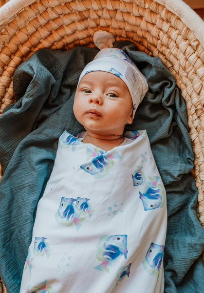 Rainbow Fish | Cotton Jersey Wrap + Matching Top Knot Hat